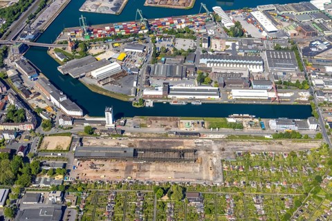 Aerial view, coal harbour of the inland port Dortmunder Hafen AG in Dortmund in the federal state