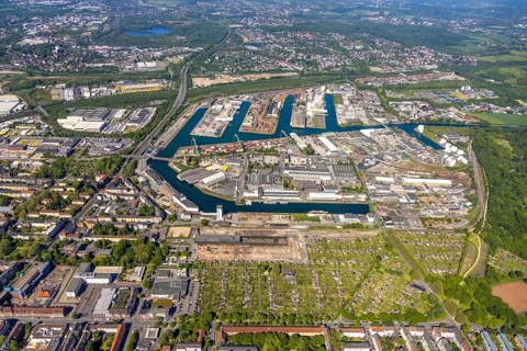 Aerial view, coal harbour of the inland port Dortmunder Hafen AG in Dortmund in the federal state