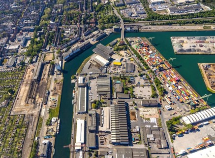 Aerial view, coal harbour of the inland port Dortmunder Hafen AG in Dortmund in the federal state