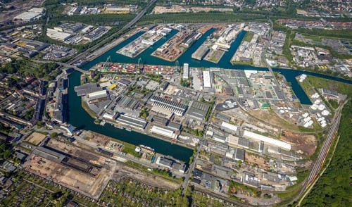 Aerial view, coal harbour of the inland port Dortmunder Hafen AG in Dortmund in the federal state