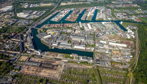 Aerial view, coal harbour of the inland port Dortmunder Hafen AG in Dortmund in the federal state