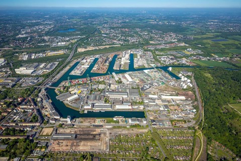 Aerial view, coal harbour of the inland port Dortmunder Hafen AG in Dortmund in the federal state