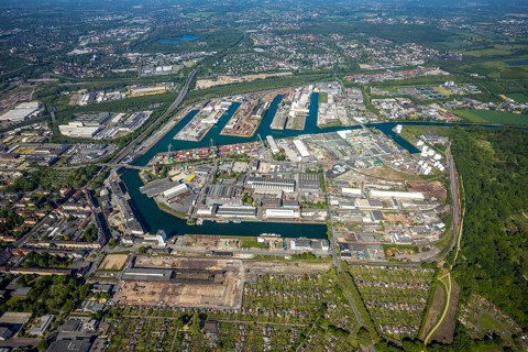 Aerial view, coal harbour of the inland port Dortmunder Hafen AG in Dortmund in the federal state