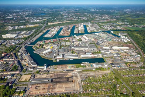 Aerial view, coal harbour of the inland port Dortmunder Hafen AG in Dortmund in the federal state