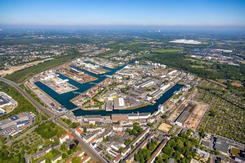 Aerial view, coal harbour of the inland port Dortmunder Hafen AG in Dortmund in the federal state