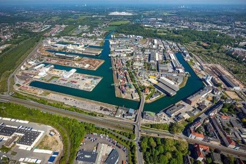 Aerial view, coal harbour of the inland port Dortmunder Hafen AG in Dortmund in the federal state