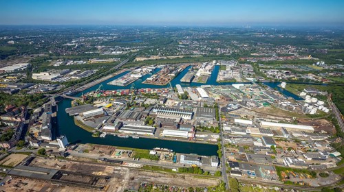 Aerial view, coal harbour of the inland port Dortmunder Hafen AG in Dortmund in the federal state