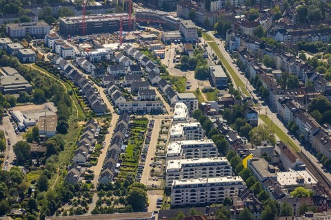 Aerial view, new development area at Ostbahnhof and new construction Kaiserquartier, City,