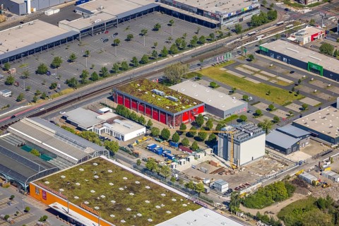 Aerial view, construction site at the Bornstraße industrial estate, WEZ - Westfalen shopping