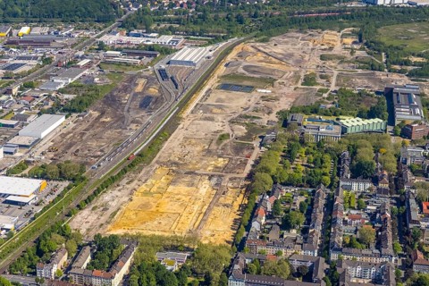 Aerial view, construction site former Westfalenhütte, Kaiserbrunnen, Dortmund, Ruhr area, North