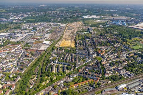 Aerial view, construction site former Westfalenhütte, Kaiserbrunnen, Borsigplatz, Dortmund, Ruhr