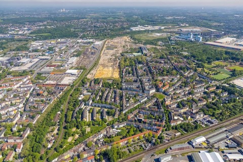 Aerial view, construction site former Westfalenhütte, Kaiserbrunnen, Borsigplatz, Dortmund, Ruhr