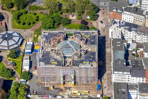 Aerial view, construction site, city hall Dortmund and Friedensplatz, city, Dortmund, Ruhr area,