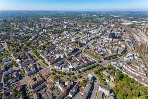 Aerial view, city of Dortmund, city centre view with wall, RWE Tower black skyscraper,
