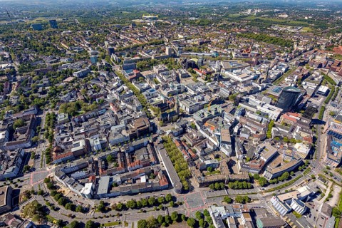 Aerial view, city of Dortmund, city centre view with wall, RWE Tower black skyscraper, Dortmund,