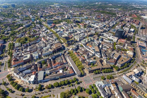 Aerial view, city of Dortmund, city centre view, RWE Tower black skyscraper, Dortmund, Ruhr area,