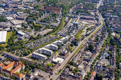 Aerial view, new development area at Ostbahnhof and new development area Kaiserquartier, City,