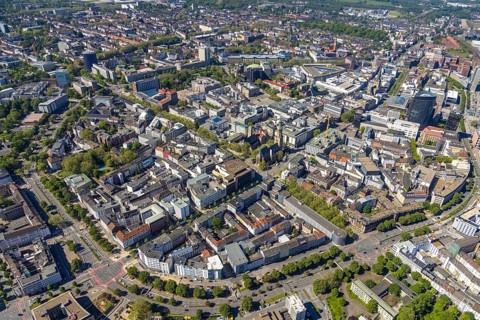 Aerial view, city of Dortmund, city centre view with wall, RWE Tower black skyscraper, city,