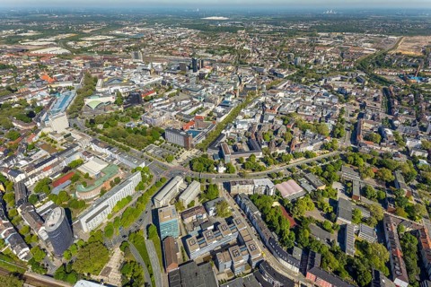 Aerial view, city of Dortmund, city centre view with wall, RWE Tower black skyscraper,