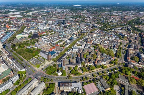 Aerial view, city of Dortmund, city centre view with wall, RWE Tower black skyscraper,