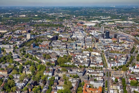 Aerial view, city of Dortmund, city centre view with wall, RWE Tower black skyscraper,