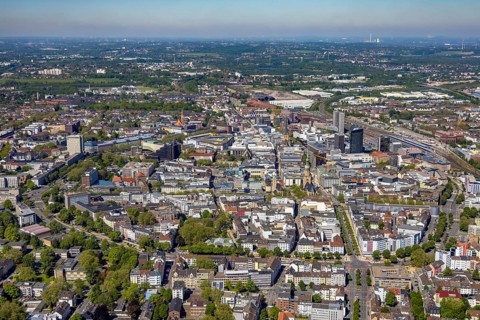 Aerial view, city of Dortmund, city centre view with wall, RWE Tower black skyscraper,