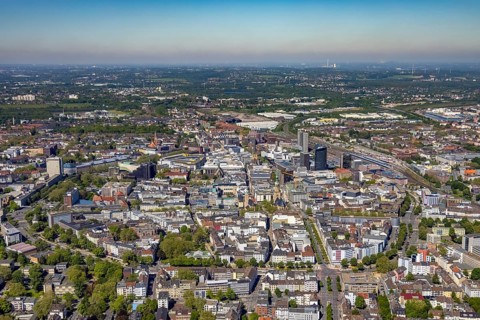 Aerial view, city of Dortmund, city centre view with wall, RWE Tower black skyscraper,