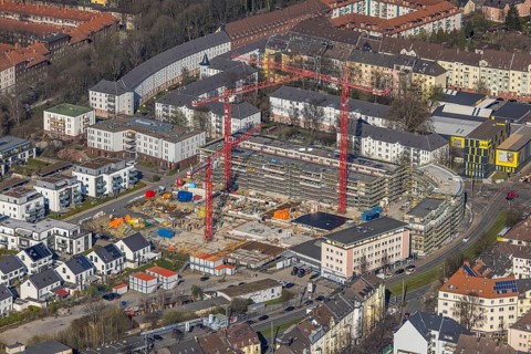Aerial view, construction site for new Kaiserquartier, Klönnestraße, Kaiserbrunnen, Dortmund, Ruhr