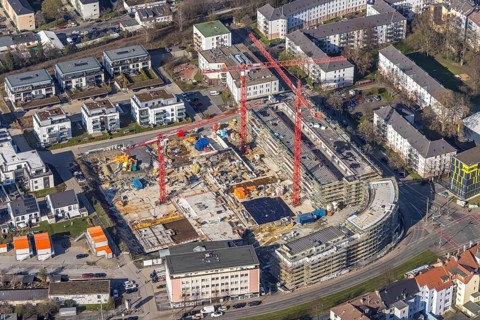 Aerial view, construction site for new Kaiserquartier, Klönnestraße, Kaiserbrunnen, Dortmund, Ruhr