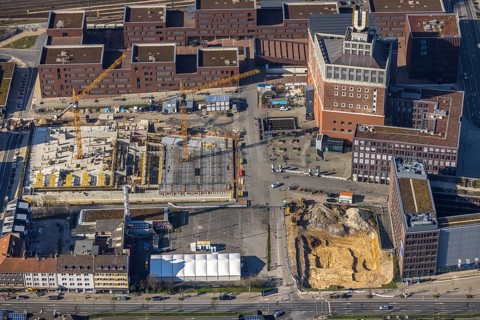 Aerial view, construction site residential complex at the Dortmunder U-Tower, Dortmunder U with the
