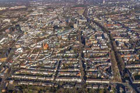 Aerial view, city centre view, perimeter block development, city, Dortmund, Ruhr area, North