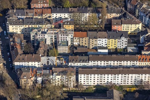 Aerial view, building sin in the classic perimeter block development, penthouse, Dorotheenstraße,
