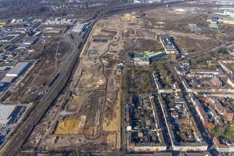 Aerial view, construction site Westfalenhütte, Nordmarkt, Dortmund, Ruhr area, North