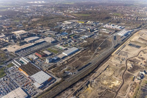 Aerial view, construction site Westfalenhütte, Eisenstraße, Nordmarkt, Dortmund, Ruhr area, North