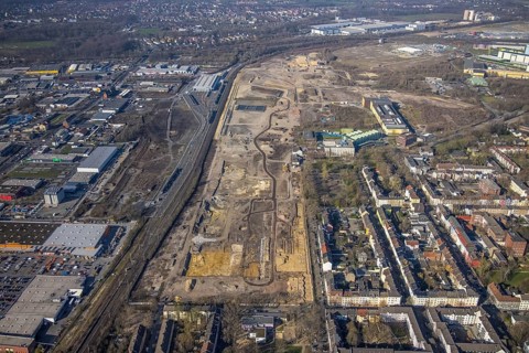 Aerial view, construction site Westfalenhütte, Nordmarkt, Dortmund, Ruhr area, North