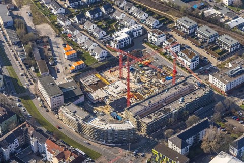 Aerial view, construction site for new Kaiserquartier, Klönnestraße, Kaiserbrunnen, Dortmund, Ruhr
