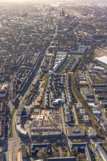 Aerial view, construction site for new Kaiserquartier, Klönnestraße, new development area
