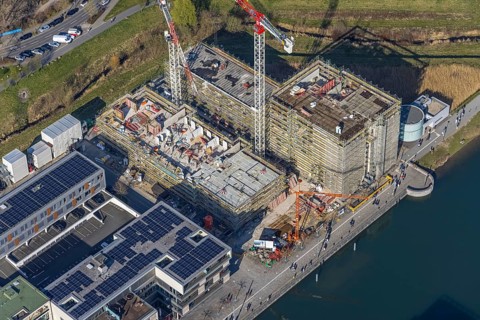 Aerial view, Phoenix-See, construction site for a new retirement home, high-rise building H12,