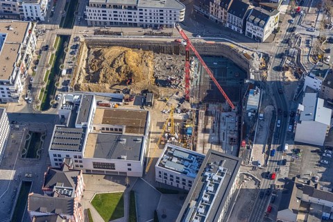 Aerial view, construction site for new residential and commercial building at Phoenix-See,