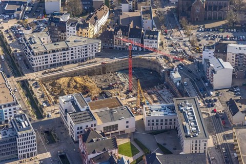 Aerial view, construction site for new building complex, residential and commercial building at