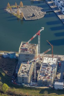 Aerial view, Phoenix-See, construction site for a new retirement home, high-rise building H12,