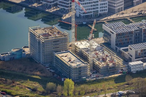 Aerial view, Phoenix-See, construction site for a new retirement home, high-rise building H12,