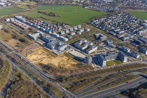 Aerial view, industrial estate Stockholmer Allee, Westfalendamm, Dortmund, Ruhr area, North