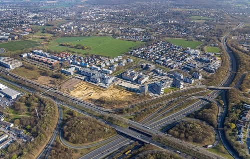 Aerial view, industrial estate Stockholmer Allee, Westfalendamm, Dortmund, Ruhr area, North
