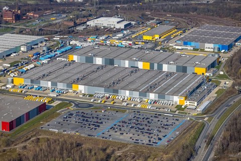Aerial view, Logistics Park Westfalenhütte, Amazon, DHL, Decathlon, Kaiserbrunnen, Dortmund, Ruhr