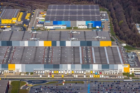 Aerial view, Logistics Park Westfalenhütte, Amazon, DHL, Decathlon, Kaiserbrunnen, Dortmund, Ruhr