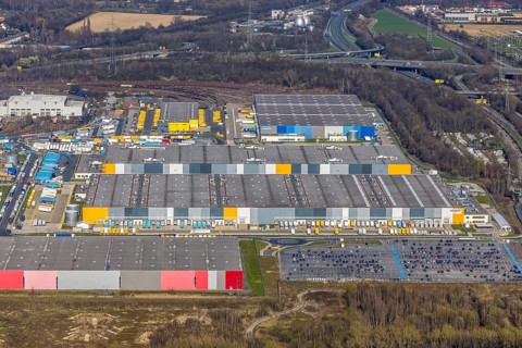 Aerial view, Logistics Park Westfalenhütte, Amazon, DHL, Decathlon, Kaiserbrunnen, Dortmund, Ruhr