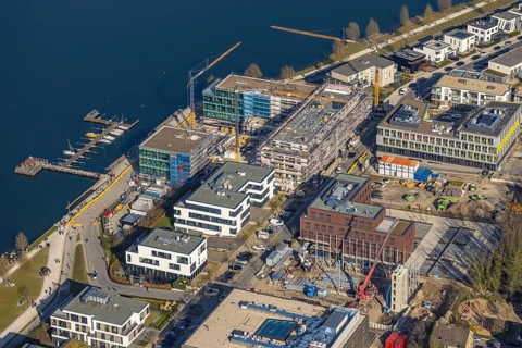 Aerial view, Phoenix-See, construction site residential complex Phönixseestraße, Kreuzknoten e.V.
