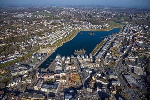 Aerial view, sunbathing at Lake Phoenix, spring weather on Dortmund's sunbathing lawns, Dortmund,