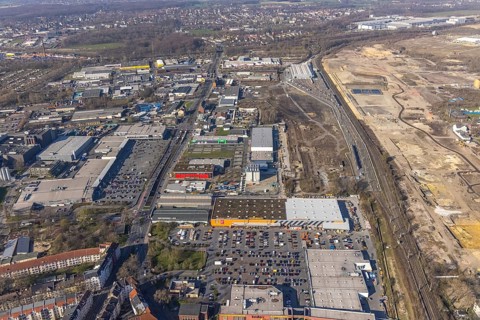 Aerial view, construction site Westfalenhütte, Eisenstraße, Nordmarkt, Dortmund, Ruhr area, North